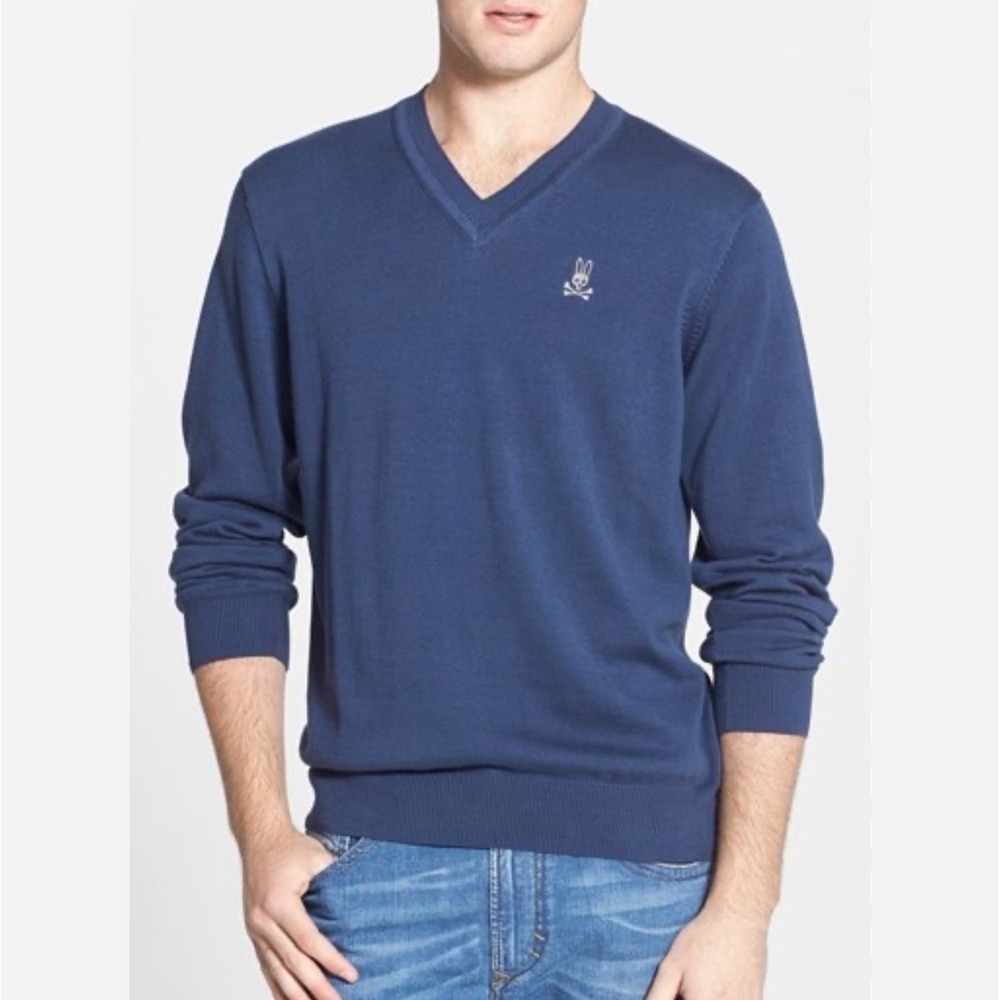 Psycho Bunny Pima Cotton V-Neck Sweater Mens L  Blue Preppy